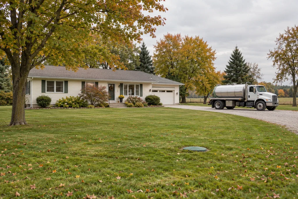 A residential lawn, mature trees and a service truck beside a Midwestern home