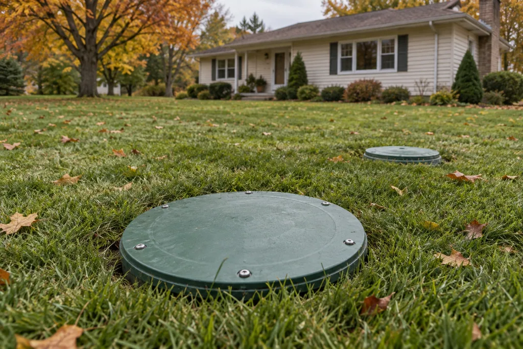 Secured septic access covers set into a residential lawn