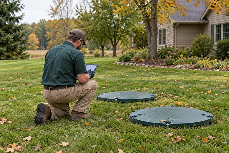 A technician checking records beside secured septic access covers