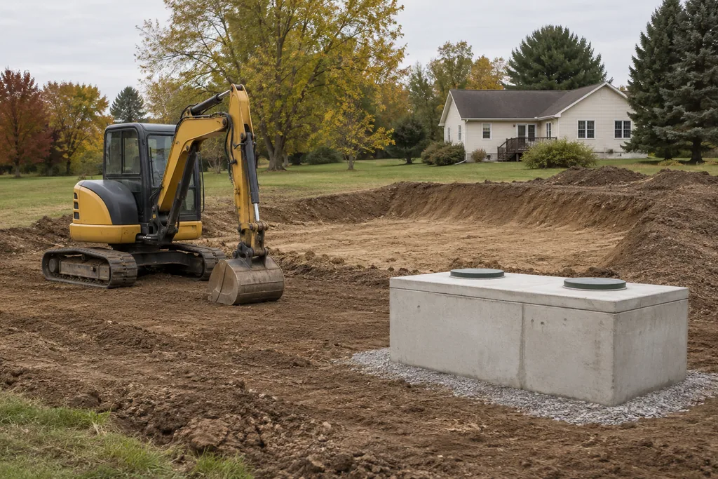 Excavation equipment and a concrete tank staged before installation