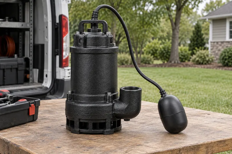 An effluent pump and float switch prepared on a service workbench